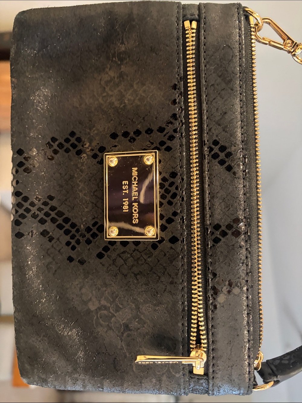 Michael Kors Black Snake-Embossed small shoulder bag with Gold Hardware